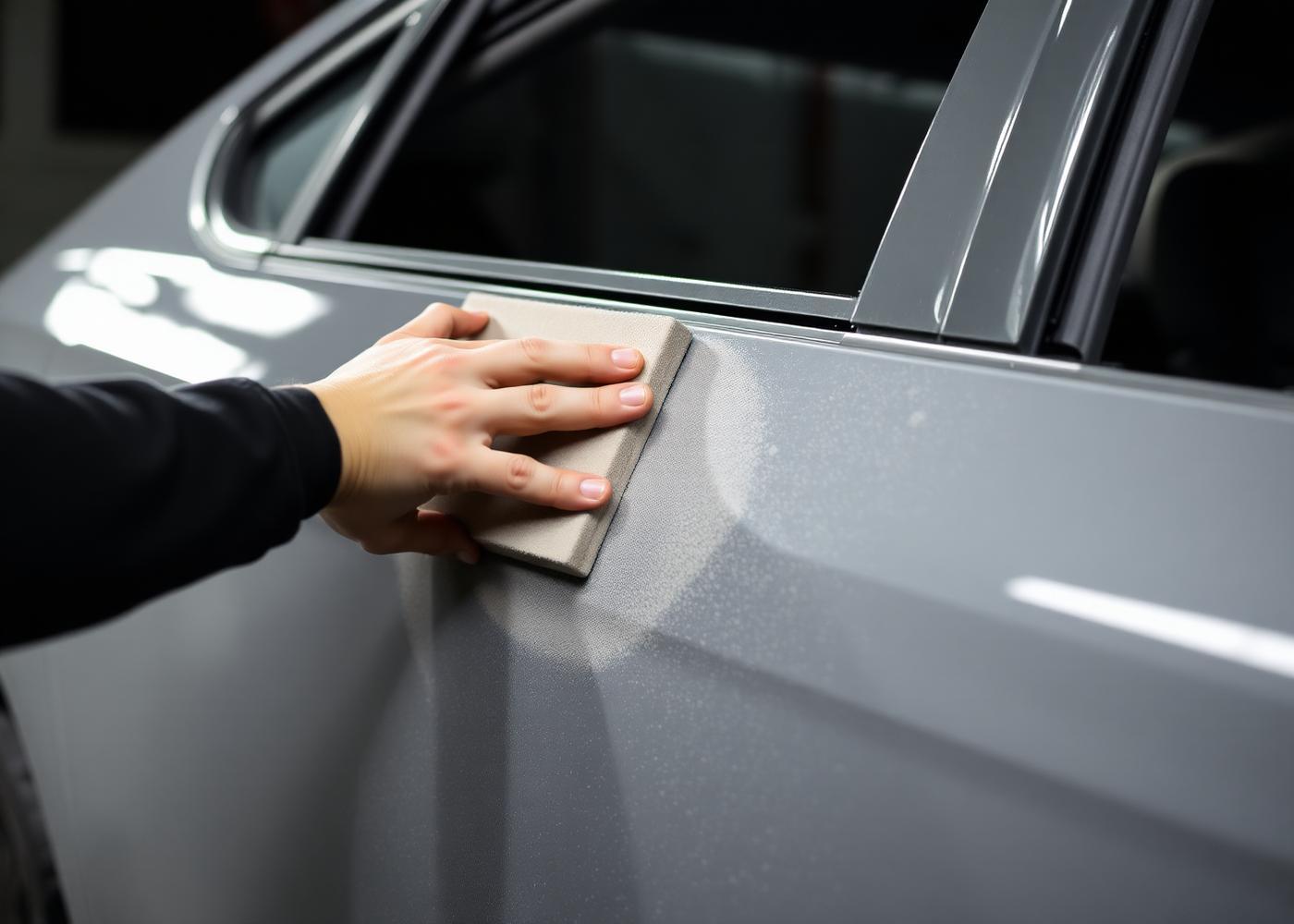 Block sanding a primered door panel during auto body repair in Chicago