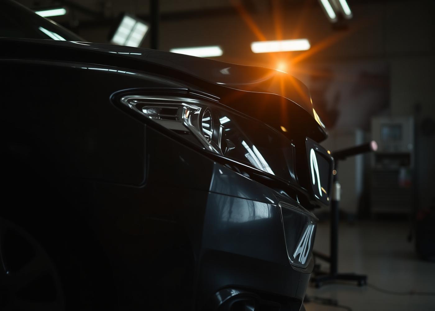 Vehicle front end under shop lights during collision repair in Chicago