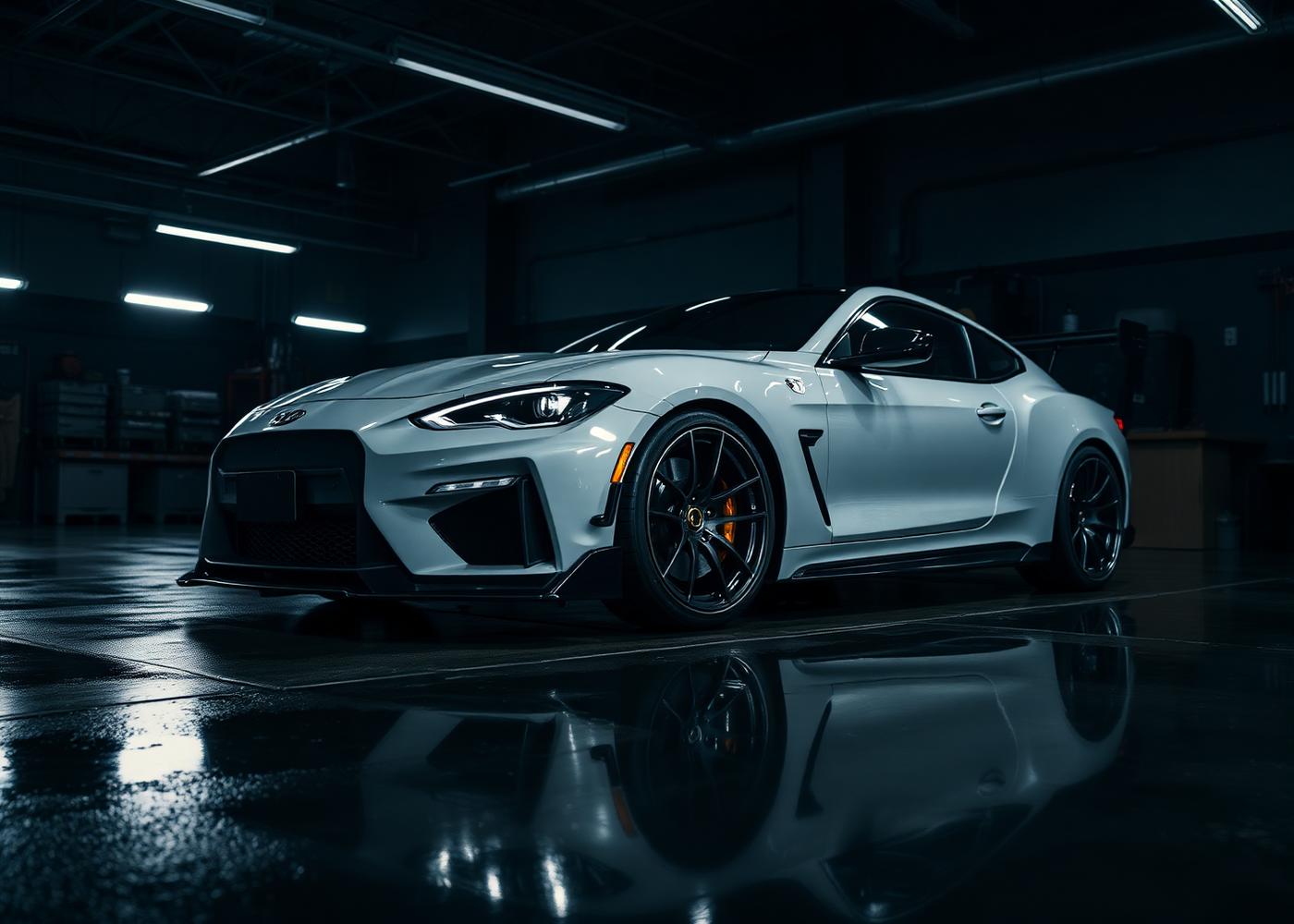 Custom performance coupe under moody lighting inside a Chicago custom car shop