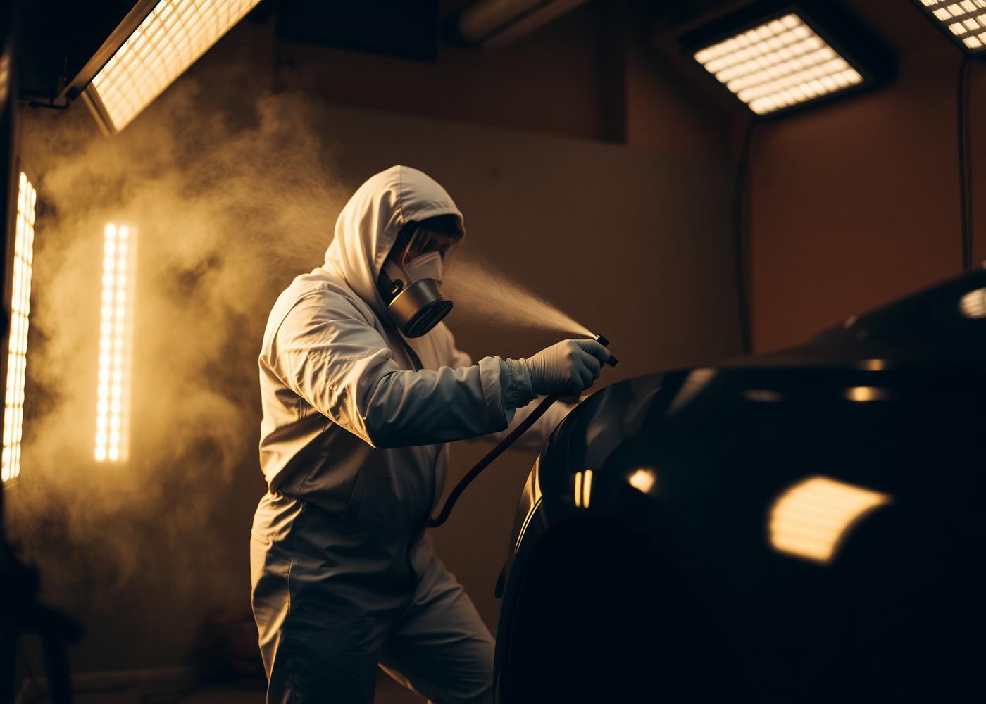 Painter spraying a vehicle panel inside a lit automotive paint booth in Chicago