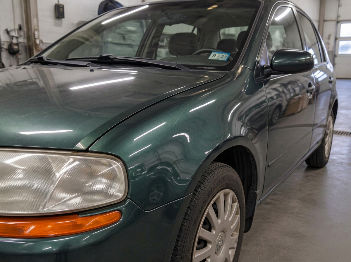 The same dark green hatchback fender smooth and repainted after body shop repair