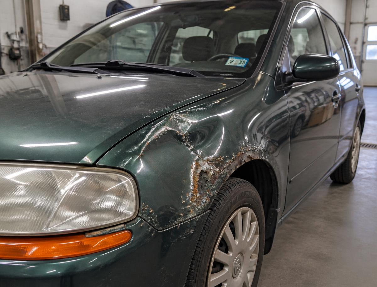 Dark green hatchback front fender with a dent, rust and peeling clear coat before body shop repair