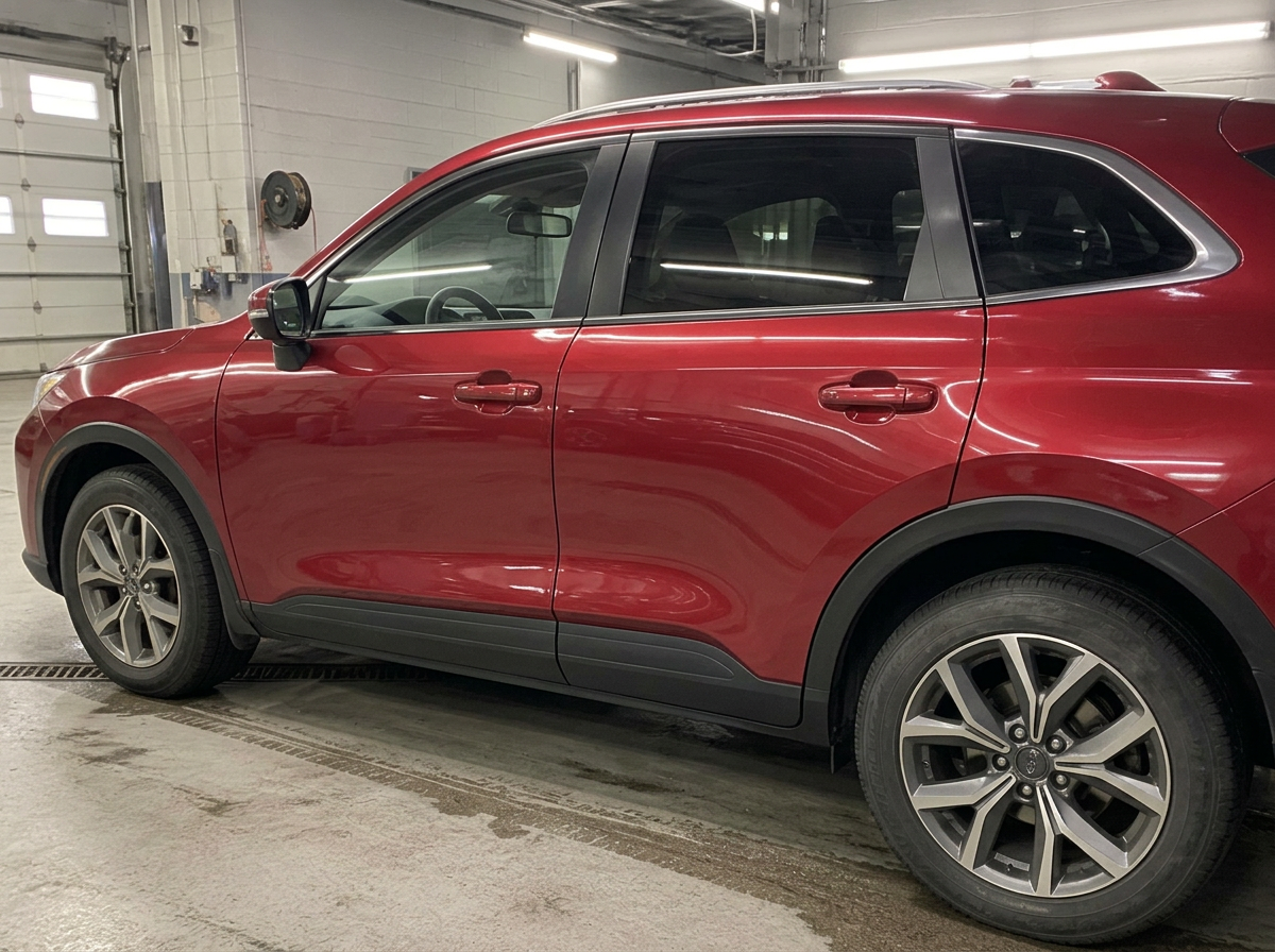 The same red SUV with straight doors and even gaps after accident repair